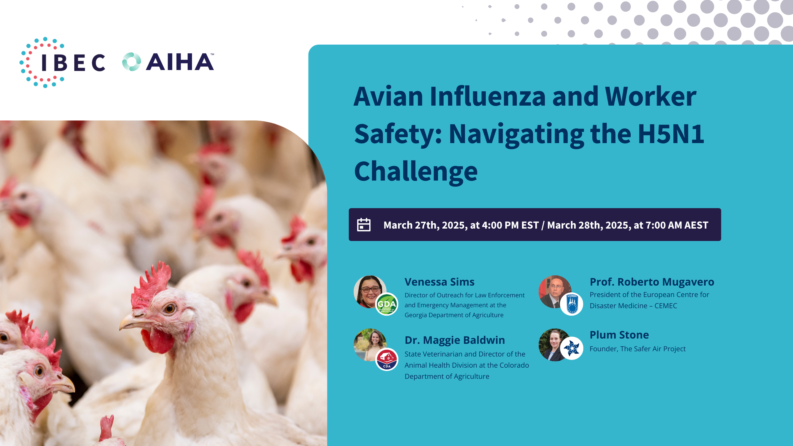 Banner showing information about the “Avian Influenza and Worker Safety: Navigating the H5N1 Challenge” event on March 27th, 2025.